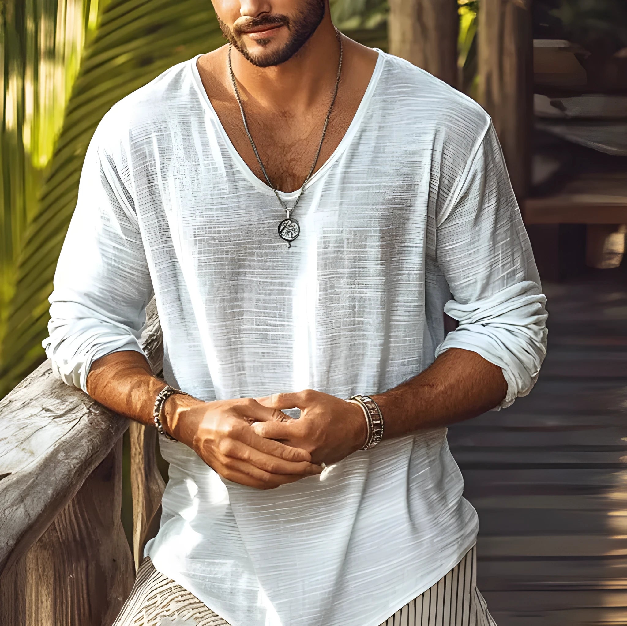Beige V-neck long-sleeved slim fit t-shirt made from hemp blend fabric.