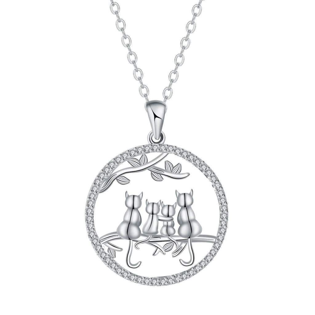 Women's silver-toned necklace with four kitten charms on cross chain