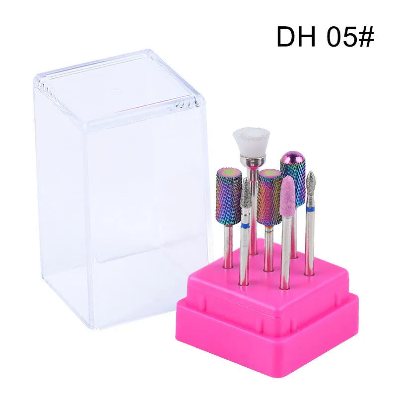 Tungsten steel nail drill bit and brush set in a clear plastic storage case.