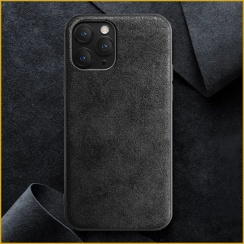 Suede iPhone case showing full-cover design in dark blue colour