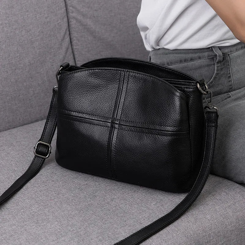 Genuine leather women's shoulder crossbody bag with plaid pattern in urban minimalist style