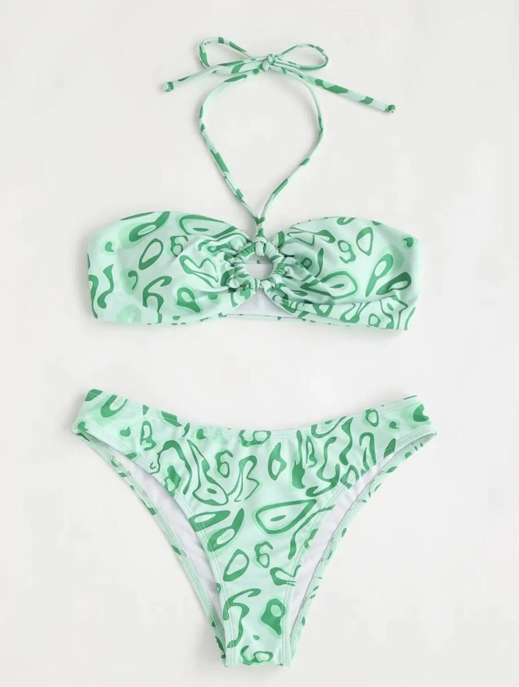 Green floral bandeau bikini swimsuit set with backless design and split bottoms