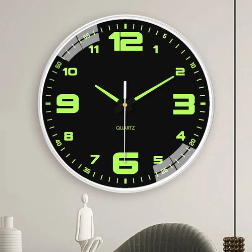 20cm round modern wall clock with luminous dial and black Arabic numerals on white face