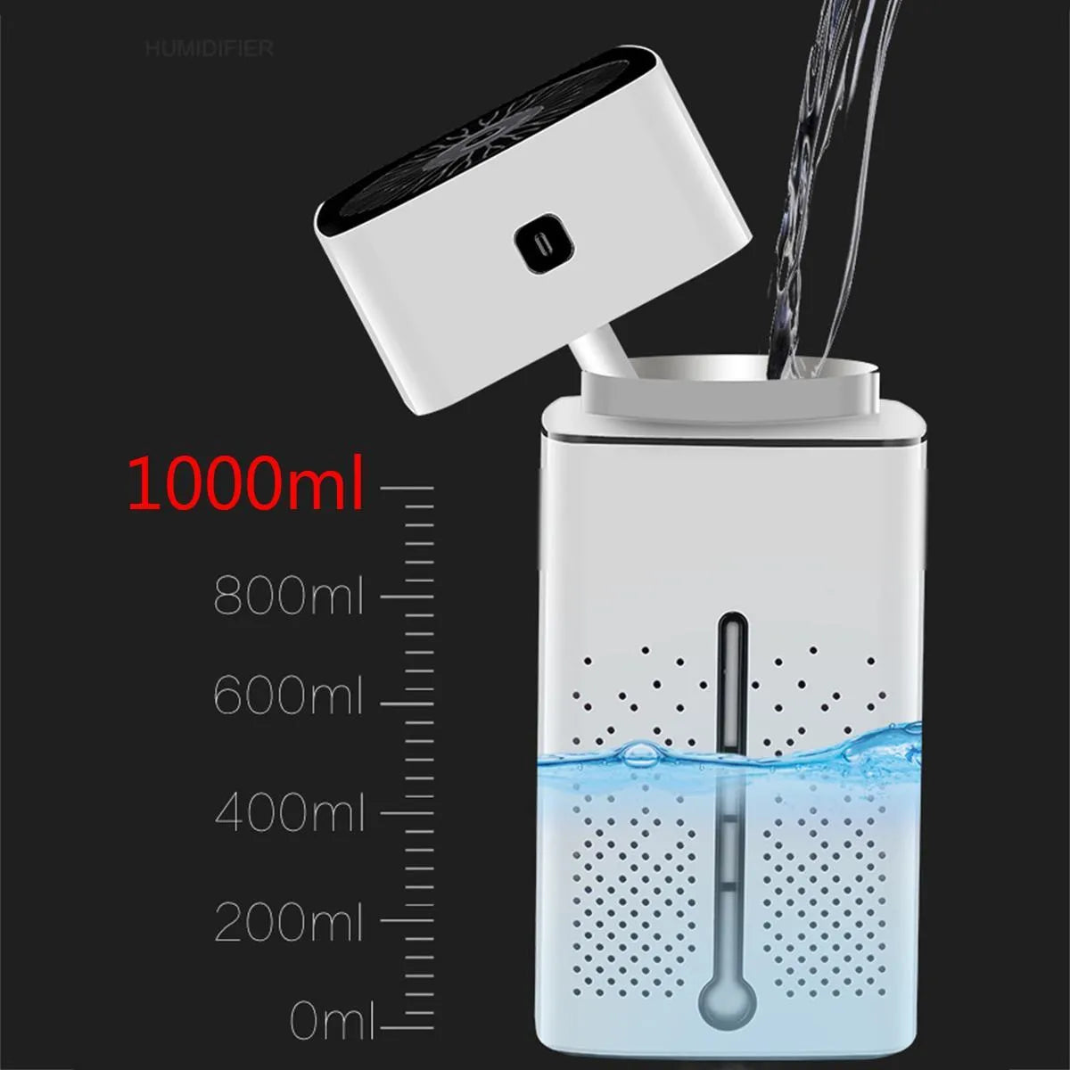 Black or white desktop humidifier with 1000ml tank and USB port for home office use.