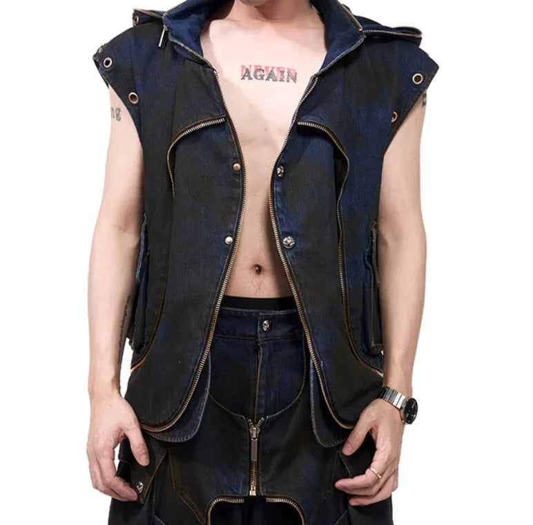 Blue hooded denim vest coat and matching trousers two-piece Korean style outfit