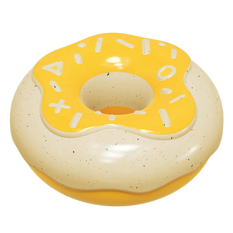 TPR donut-shaped dog chew toy in pink yellow chocolate colours with textured surface for dental cleaning