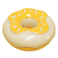 TPR donut-shaped dog chew toy in pink yellow chocolate colours with textured surface for dental cleaning