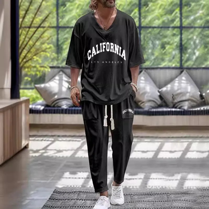 Men's cropped sleeve V-neck polyester suit in two-piece set with trousers