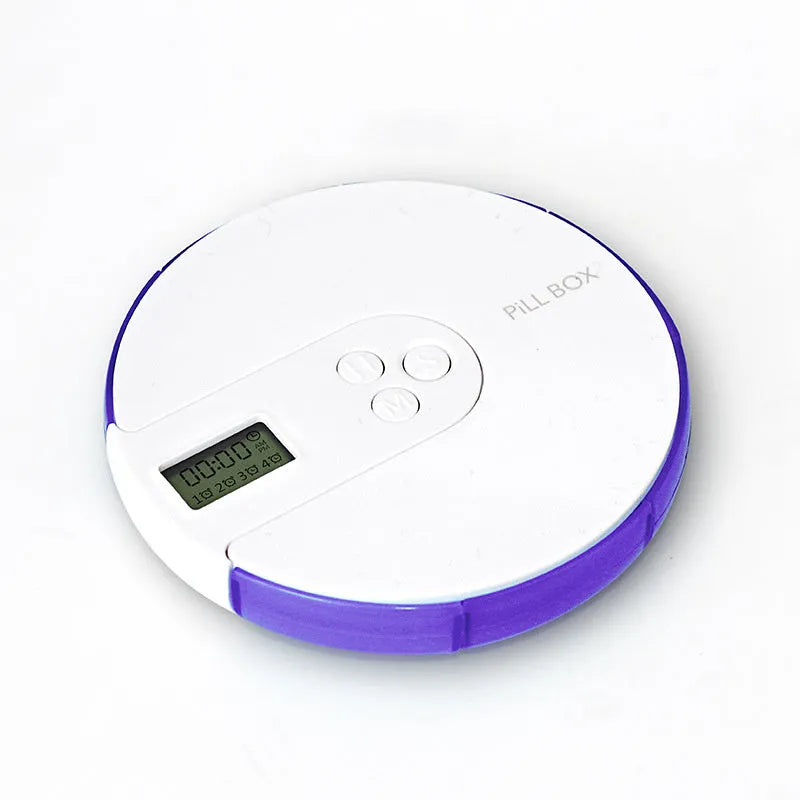Blue 7-compartment electronic alarm clock pill dispenser showing timer display and separate lids.
