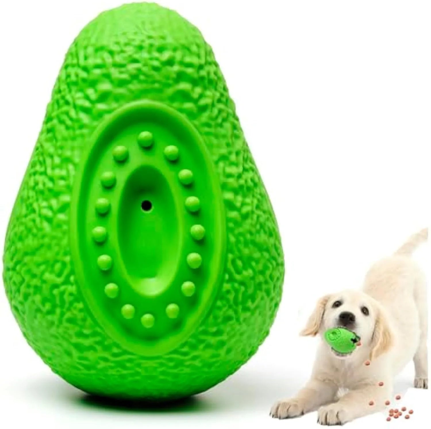 Green avocado-shaped rubber dog chew toy with textured surface for large aggressive chewers