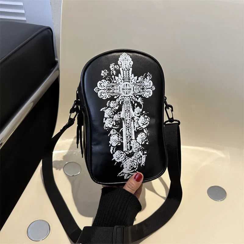 Halloween graffiti mini crossbody phone bag with cartoon pumpkin ghost bat print in black colour