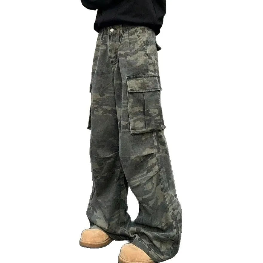 American vintage washed camouflage cargo pants with multiple pockets on a mannequin.