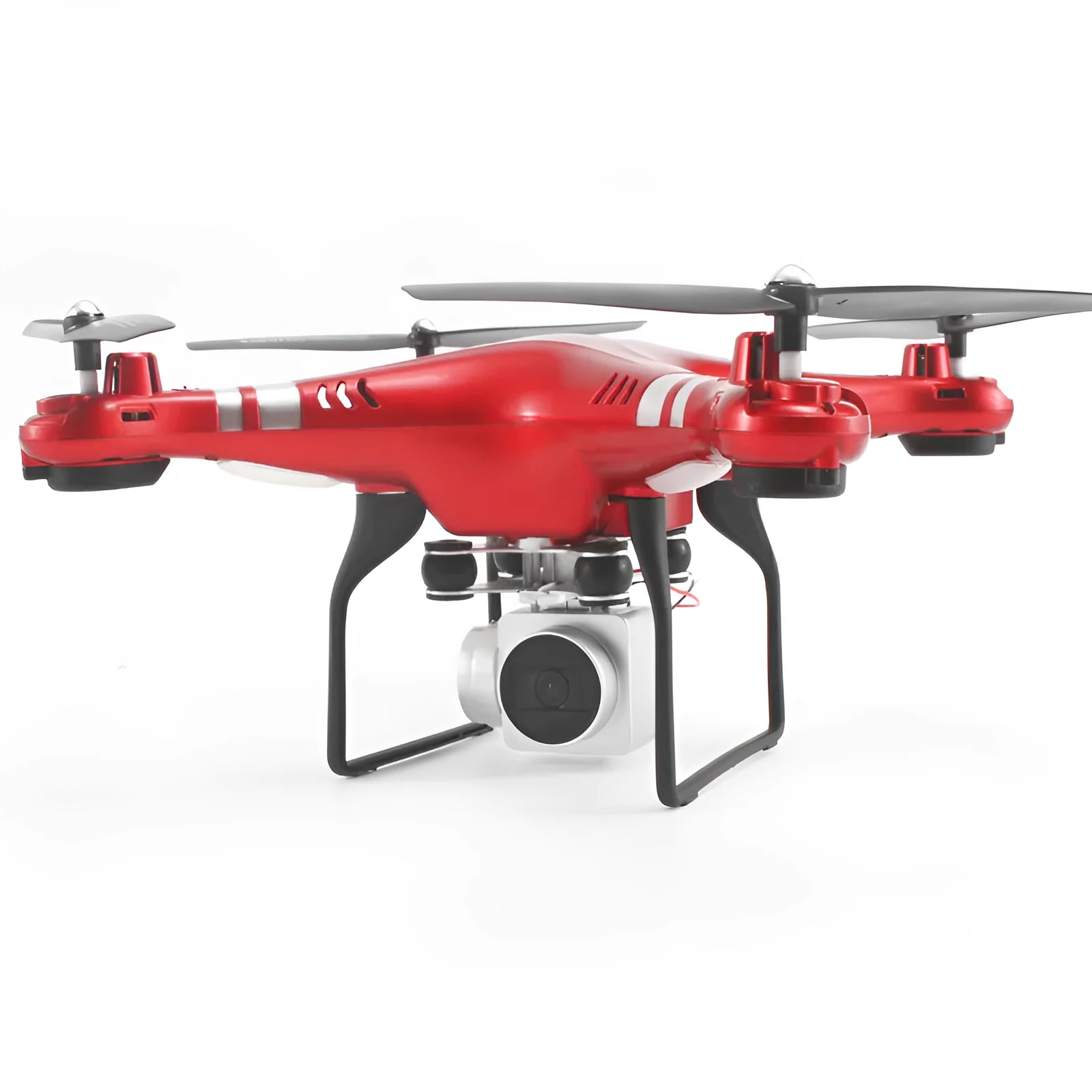 Black HD aerial photography drone with four propellors and camera, controlled via manual handle