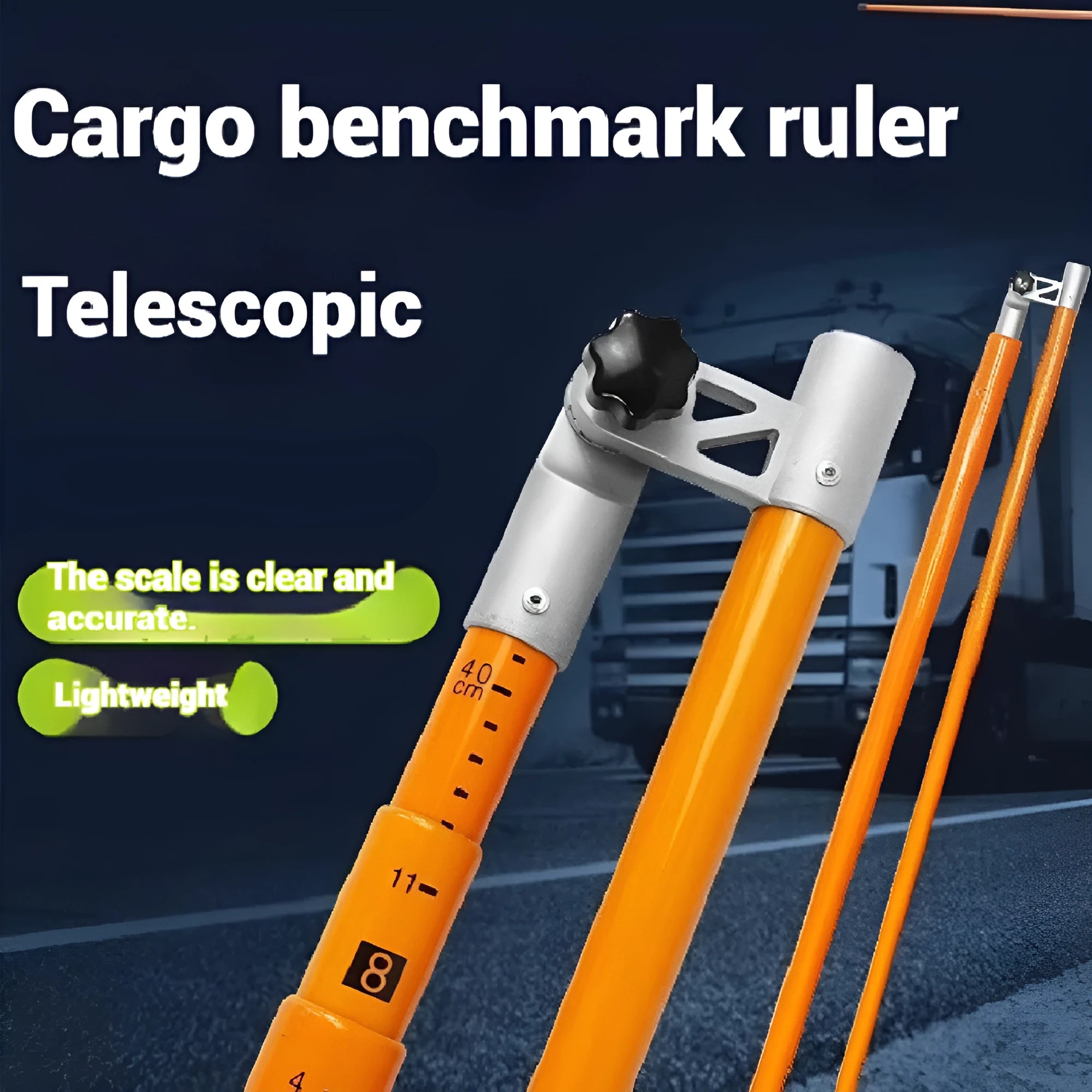 Telescopic cargo truck height measuring rod extended vertically, showing clear measurement scales on a glass fibre pole.