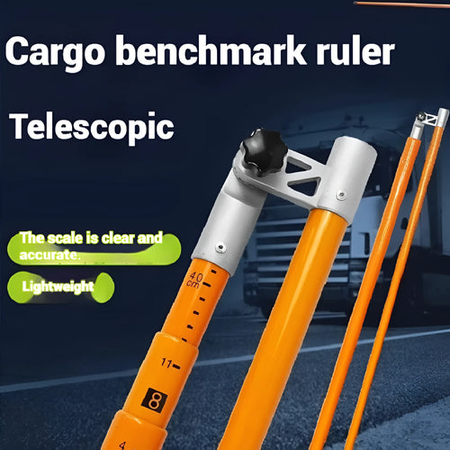 Telescopic cargo truck height measuring rod extended vertically, showing clear measurement scales on a glass fibre pole.