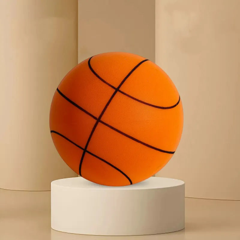 Silent high-density foam basketball in assorted bright colours showing bounce height and size comparison