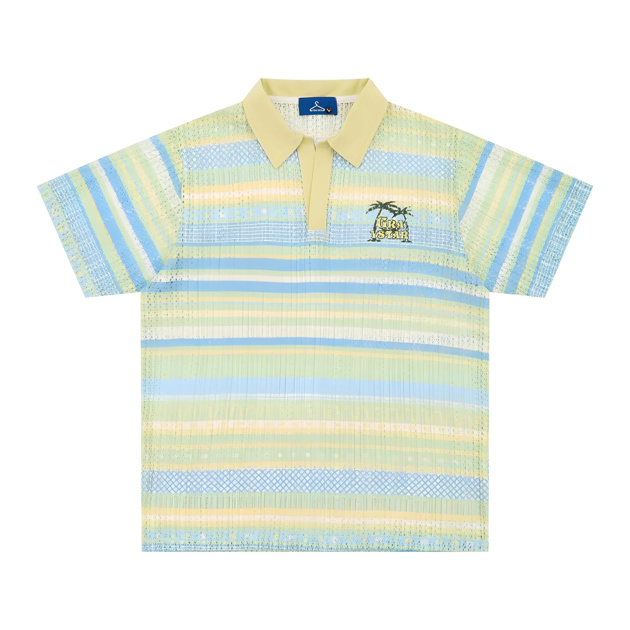 Men's blue printed loose fit casual shirt with short sleeves and elastic polyester fabric