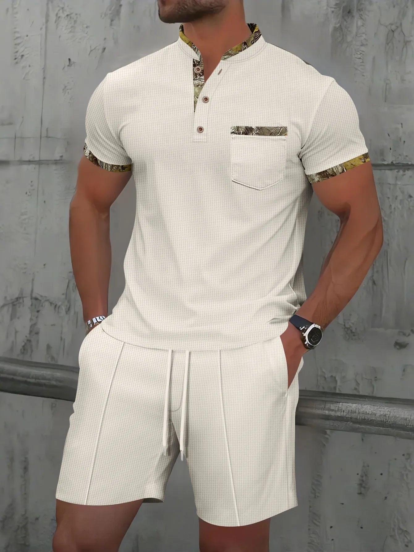 Men's waffle texture short sleeve suit set with zipper polo collar and shorts in solid colour