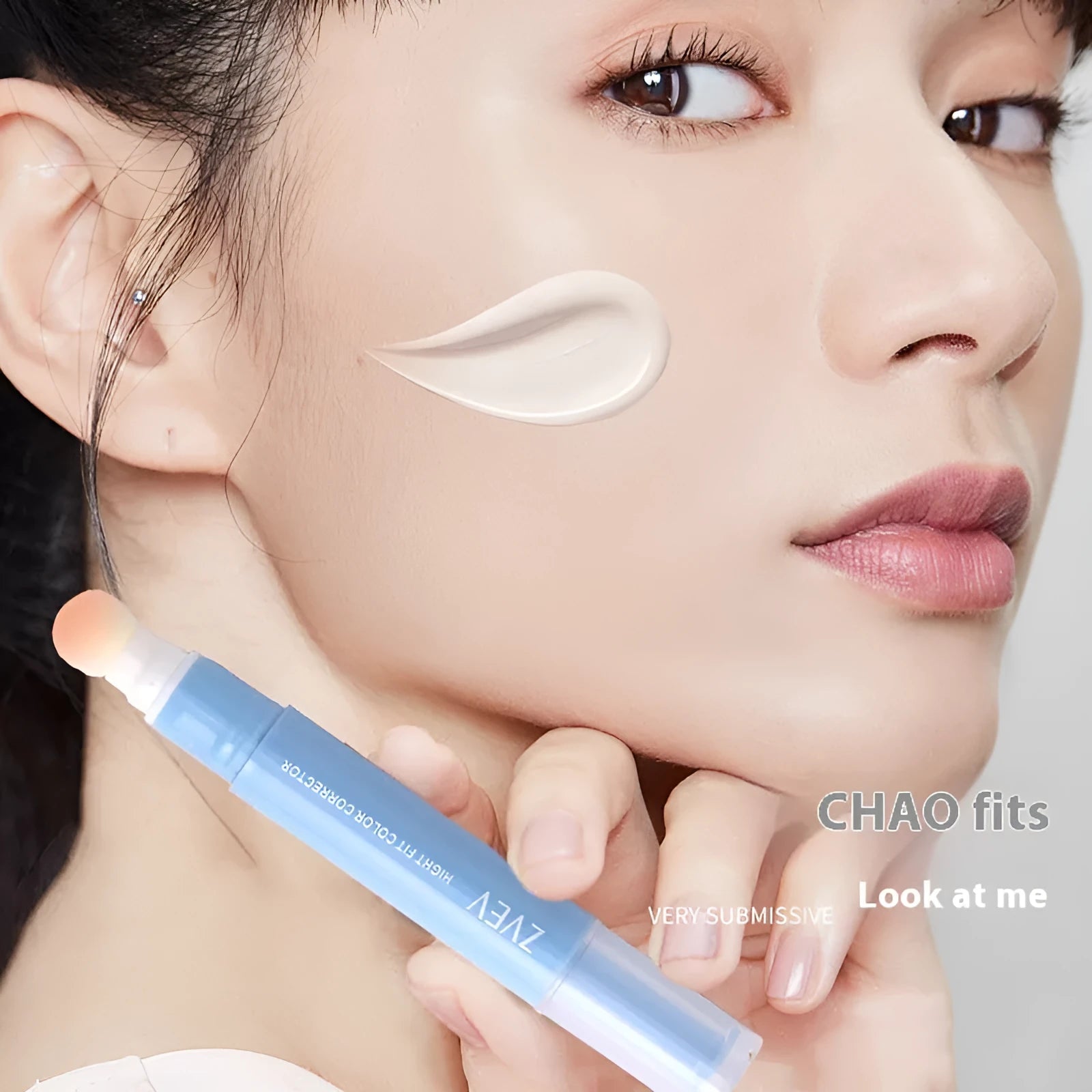 Concealer pen with sponge brush head applicator showing brightening, pink flesh, and flesh colour shades.