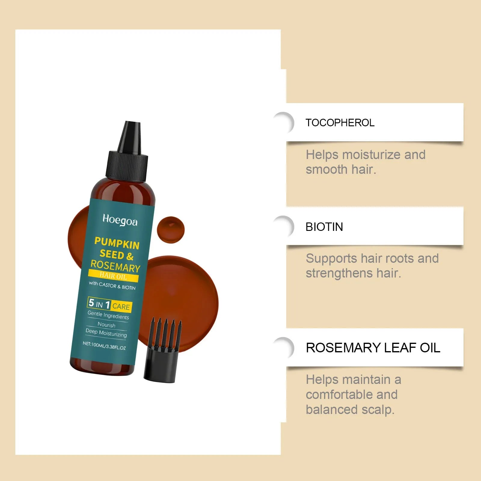 Rosemary hair essential oil 100ml bottle with pointed nozzle and massage comb set