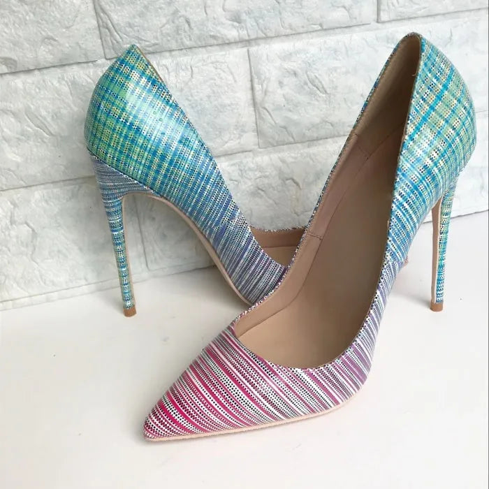 Women's pointed toe gradient colour patent leather stiletto heels on a rubber sole, shown in a shallow court shoe style.