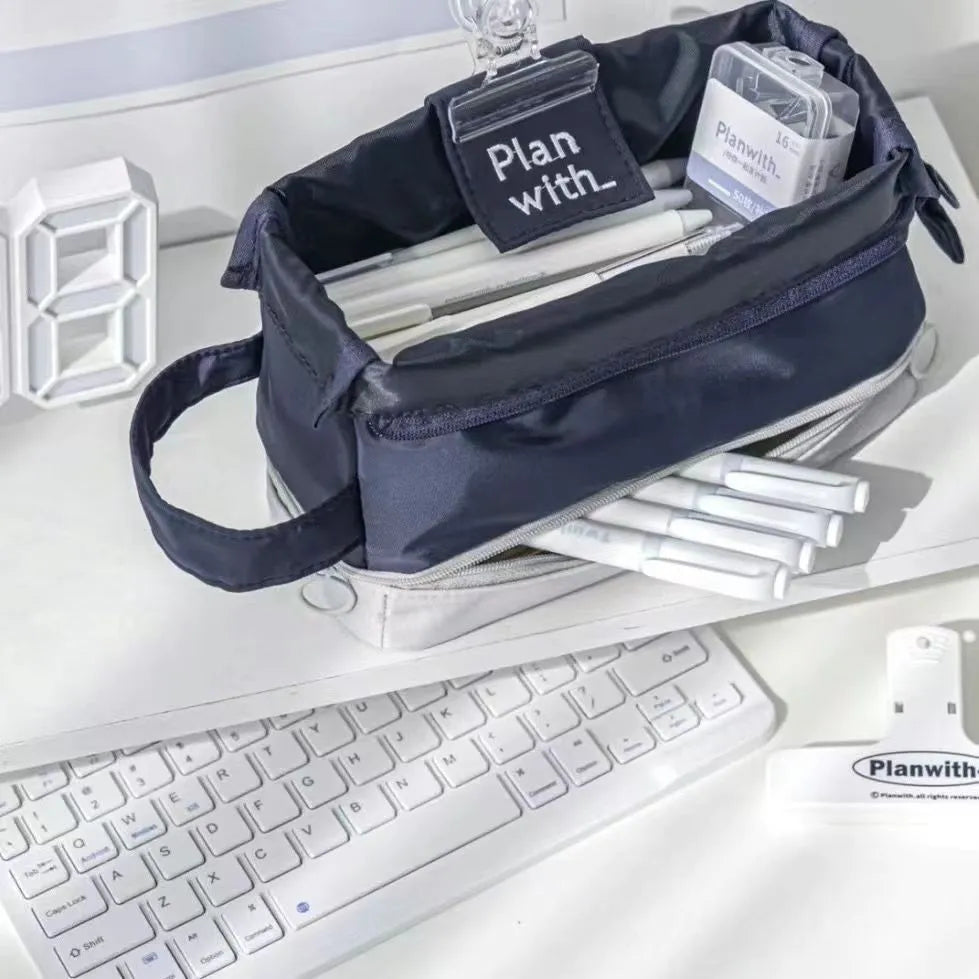 Polyester student pencil case with folding double layer design in blue colour option