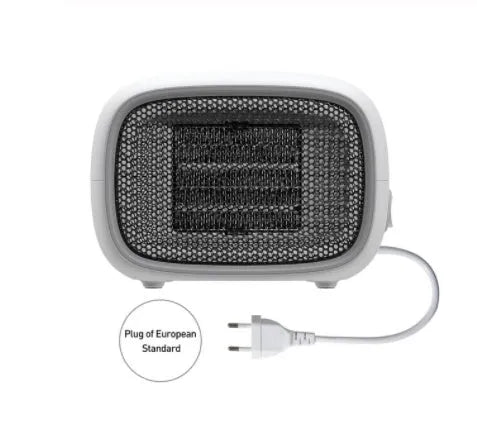 Mini ceramic desk heater in green colour showing compact dimensions
