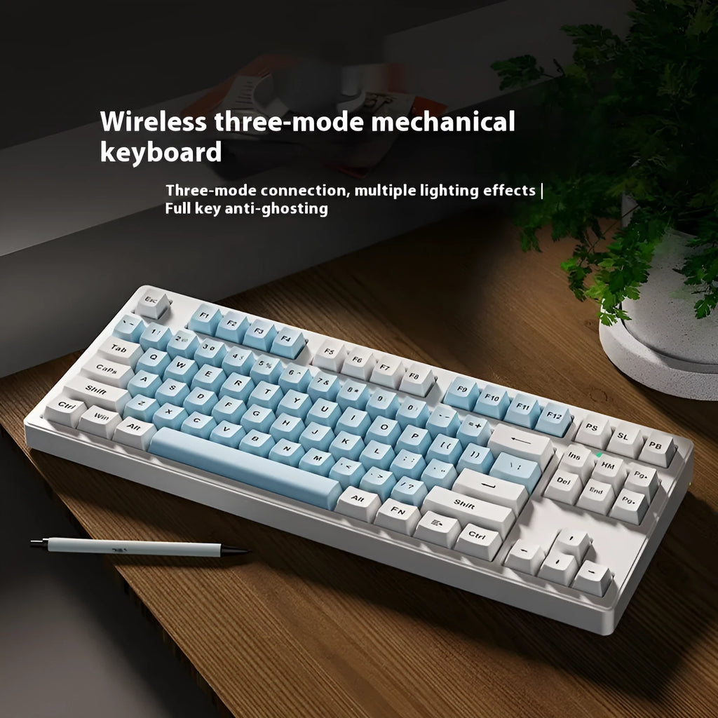 Wireless mechanical keyboard with three connection modes, shown in a choice of 87-key or 108-key layouts and various colour themes.