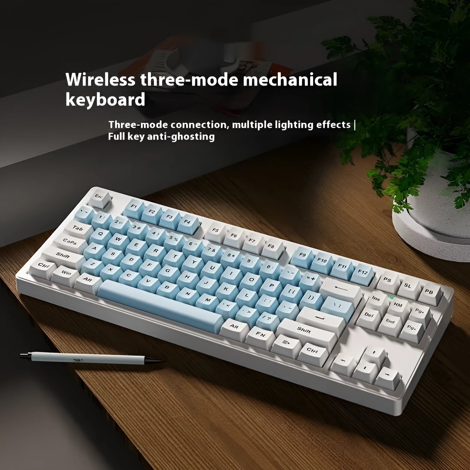 Wireless mechanical keyboard with three connection modes, shown in a choice of 87-key or 108-key layouts and various colour themes.