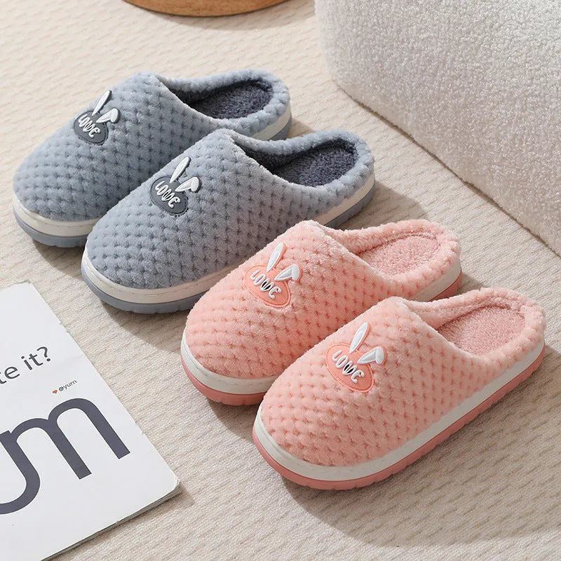 Women's rabbit plaid design winter slippers with thick rubber soles in apricot colour option