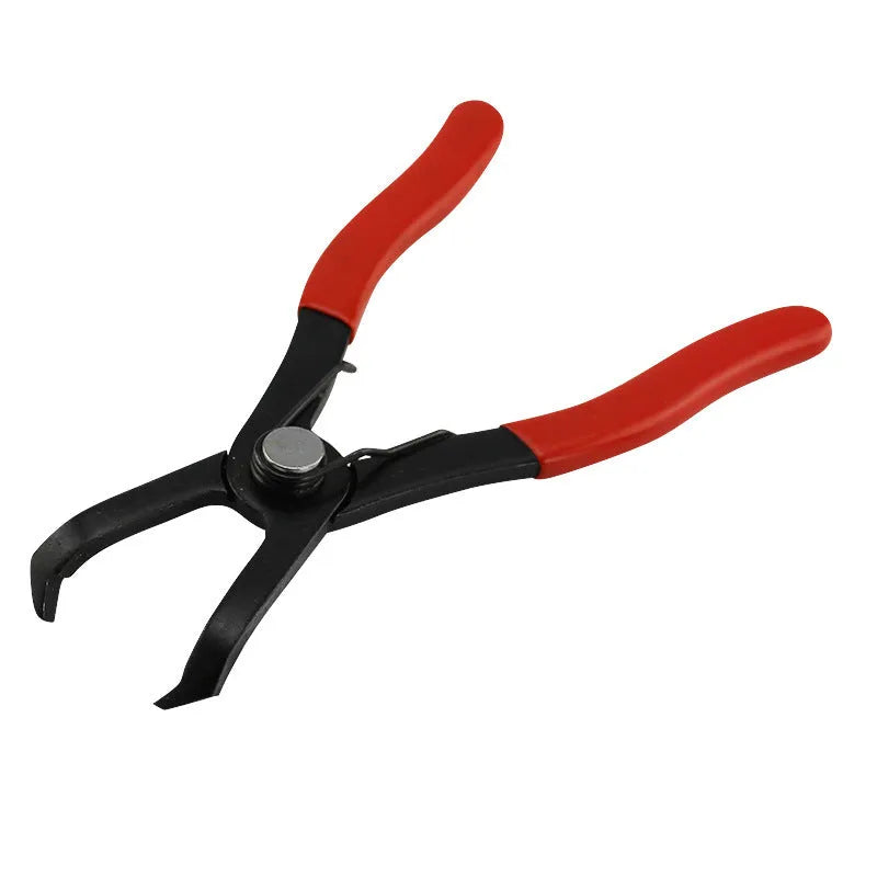 Red round nail removal pliers with PVC handles, jaws open, for door panel and wire buckle extraction.