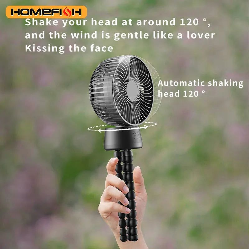 HOMEFISH F2 portable fan with automatic head shake, LED light, and removable mounting bracket.