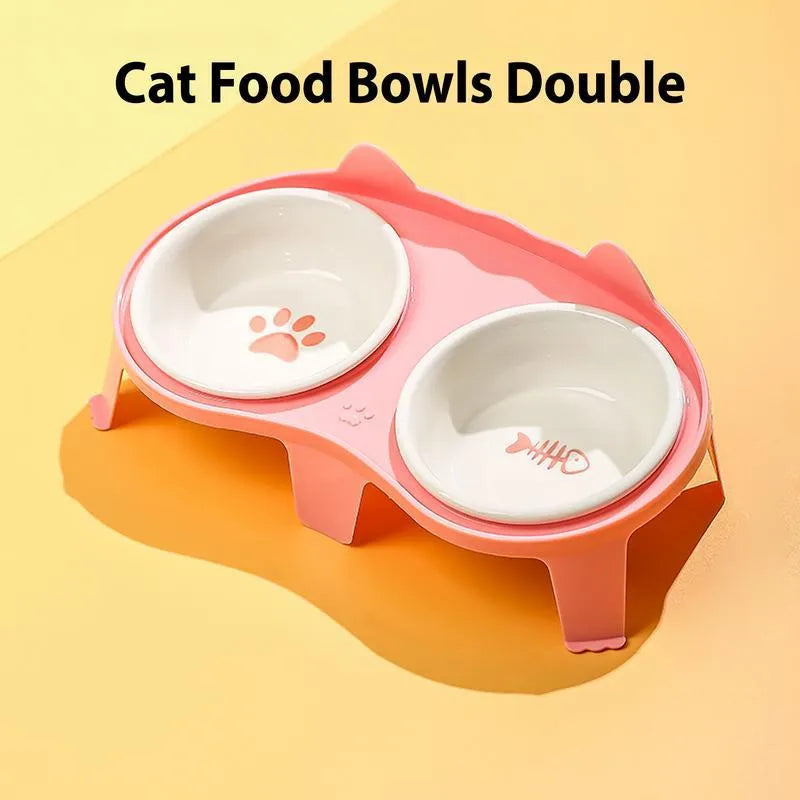 Ceramic cat food and water bowl set on a white tilted ABS stand, shown in blue colour