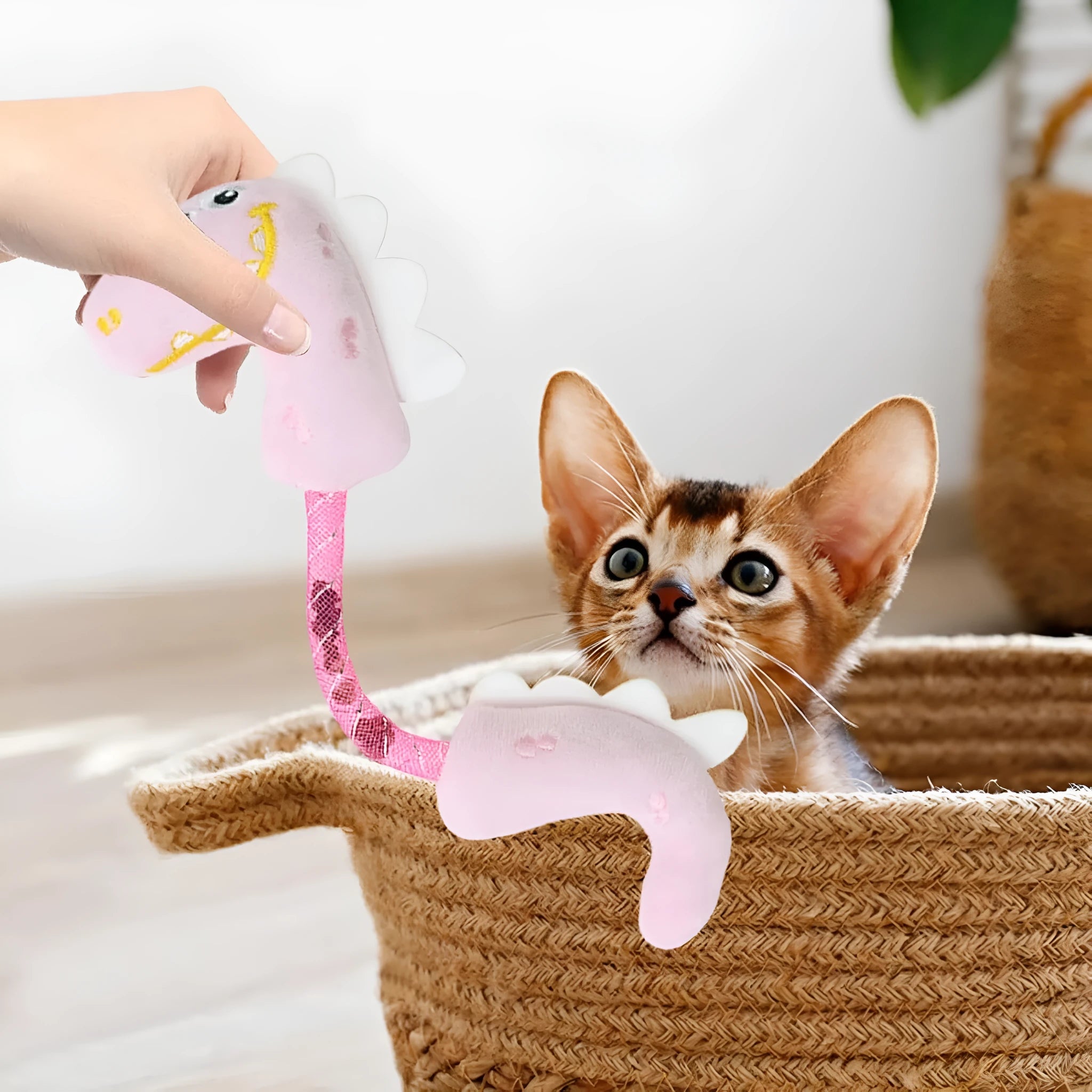 Four interactive cat toys: catnip rope, plush fish, plush mouse, and plush bunny in pink