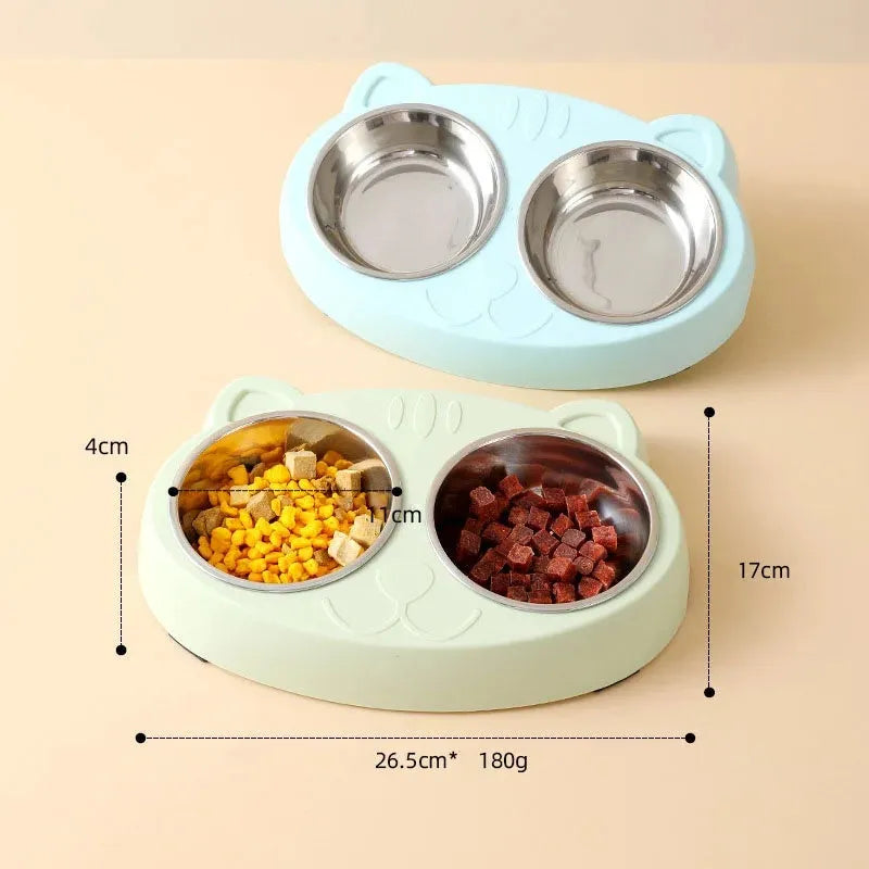 Blue plastic dual-bowl pet feeder tray for cat food and water on a white background.