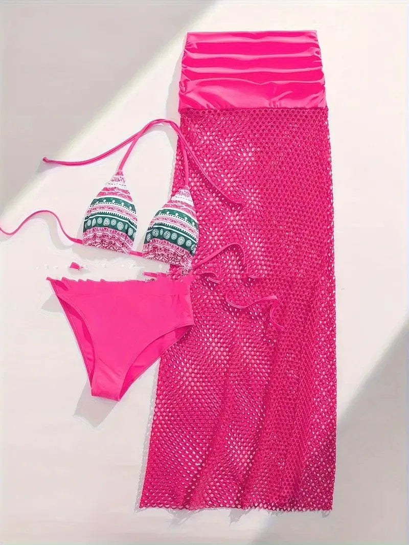 Women's brown, rose pink, and black bikini set with fishnet long skirt, three-piece swimwear