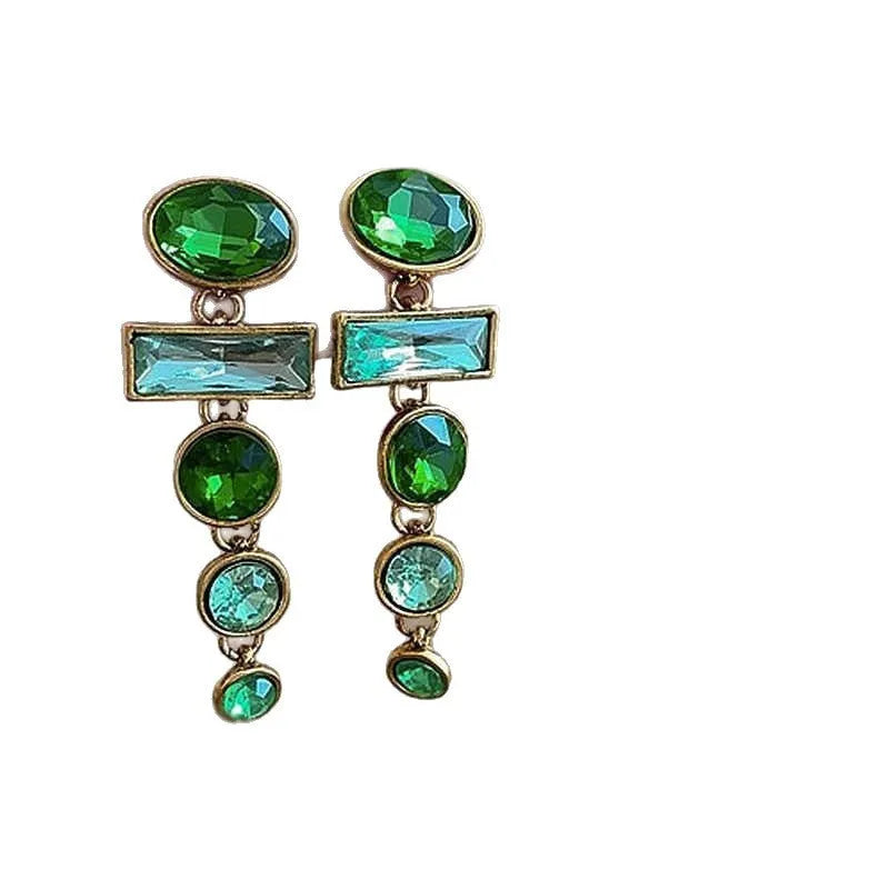 Geometric green gradient earrings with zircon inlay and tassel drops, Chinese style design