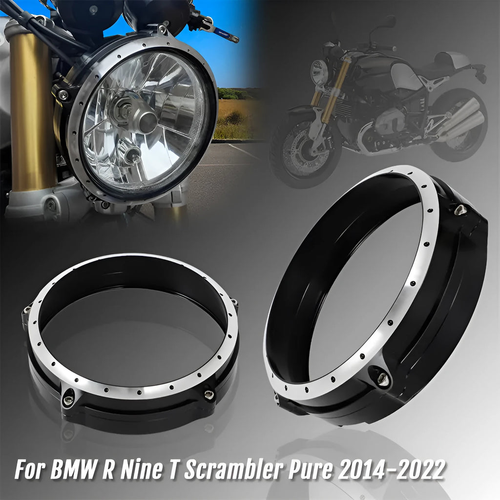 Black CNC aluminium headlight cover for BMW R nineT Scrambler motorcycle.