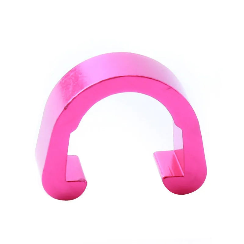 Set of ten small aluminium alloy C-shaped buckles in assorted colours on a white background.