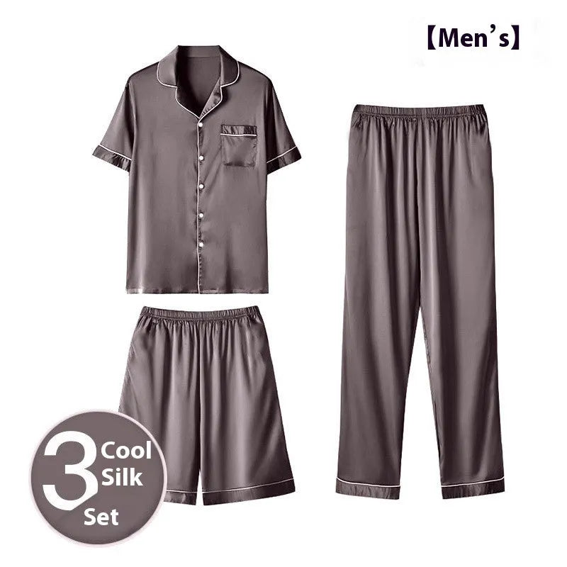 Men's ice silk three-piece home wear set showing shorts and trousers in a choice of colours.
