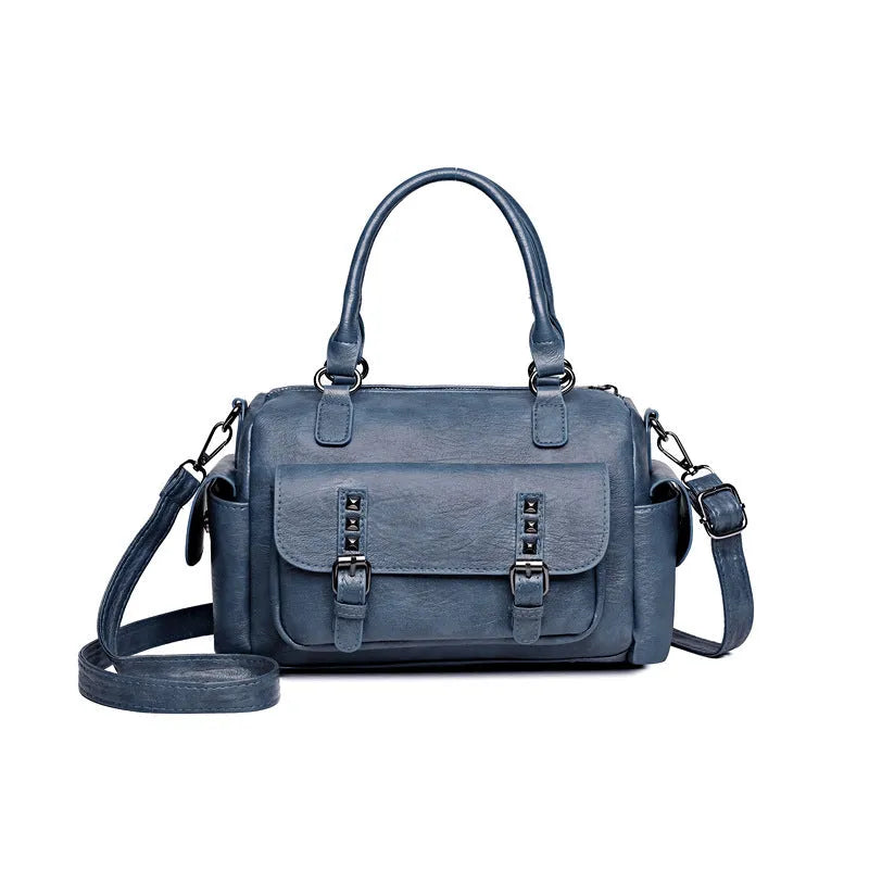 Vintage style large messenger bag in PU leather with contrast stitching, shown in a horizontal square shape.