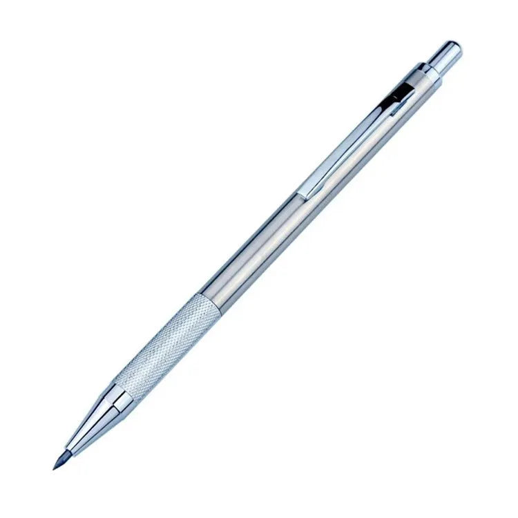 Metal automatic mechanical pencil with retractable tip, shown with compatible lead sizes from 0.3mm to 3.0mm.