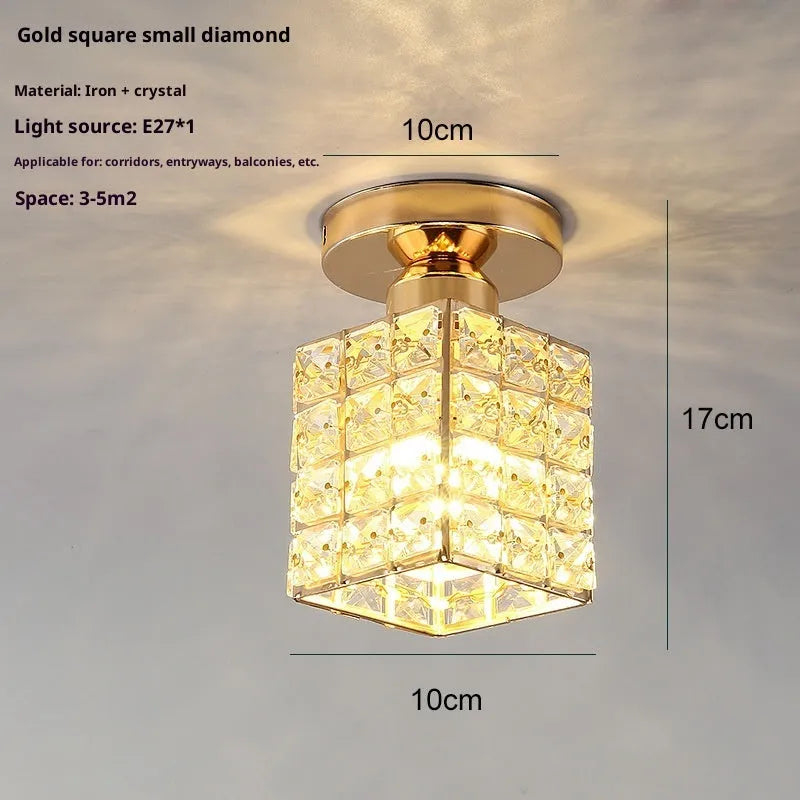 Modern minimalist balcony ceiling lamp with LED three-colour light and gold crystal finish on white ceiling