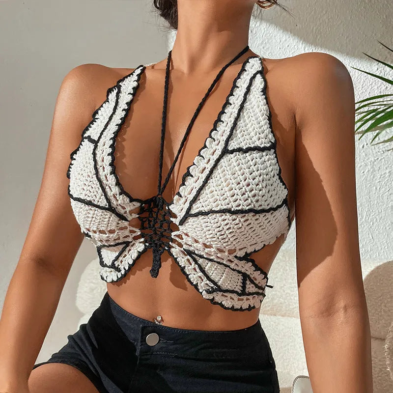 Black and white women's two-piece acrylic bikini swimsuit for swimming and sports.