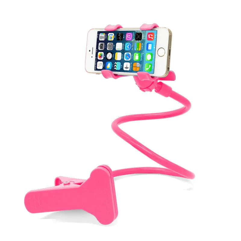 Black portable phone holder with a long flexible arm and a V-shaped clip, extended on a bedside table.