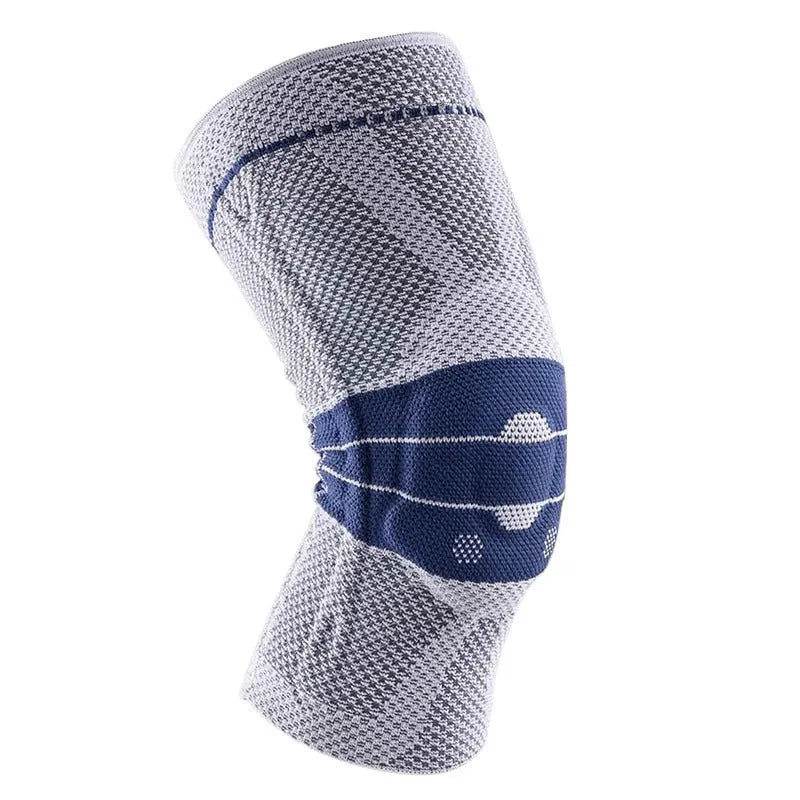 A pair of adult sports kneecaps in nylon and spandex, shown in black and blue colour, for knee protection.