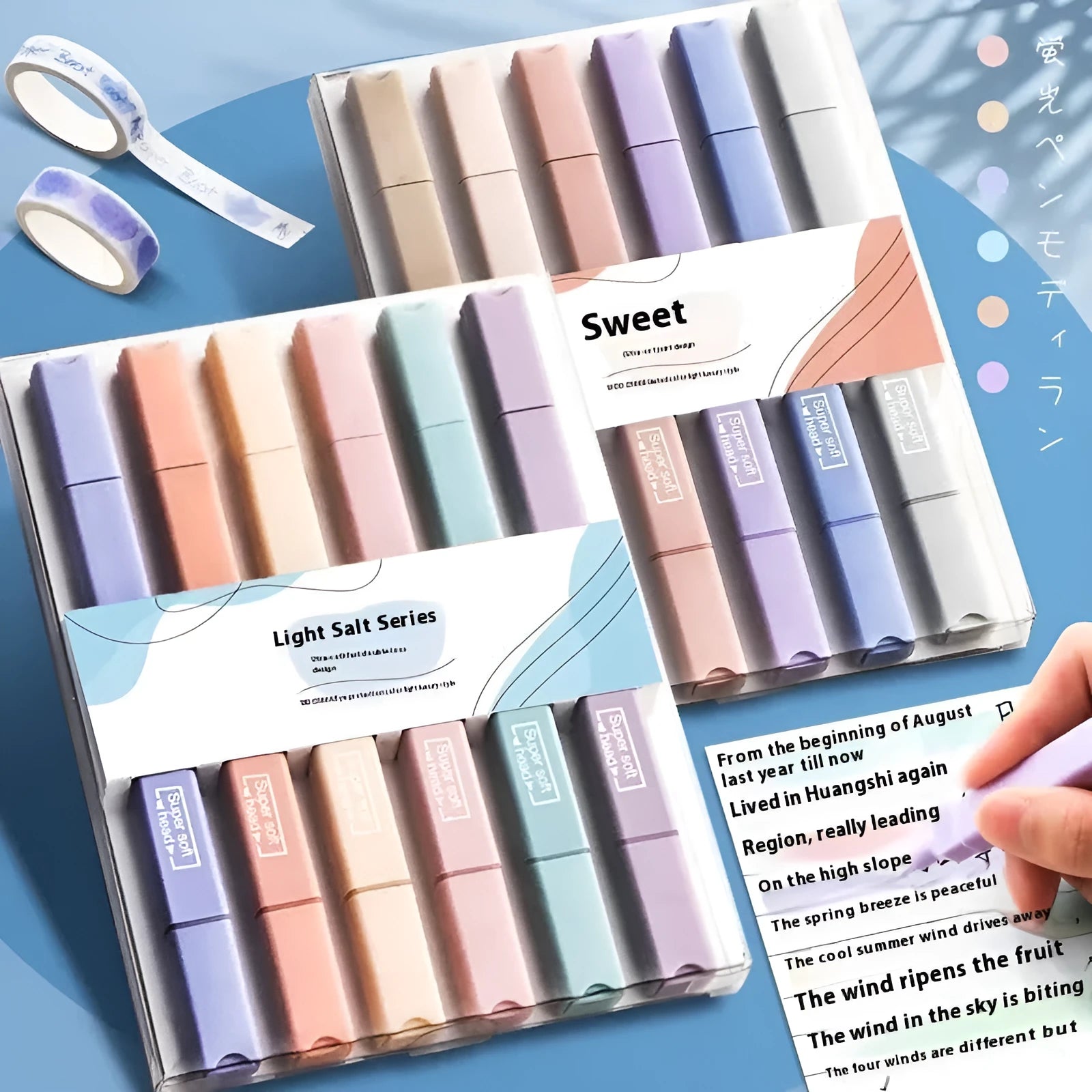 Set of double-headed fluorescent marking pens showing fine and broad tips, in mixed colours.