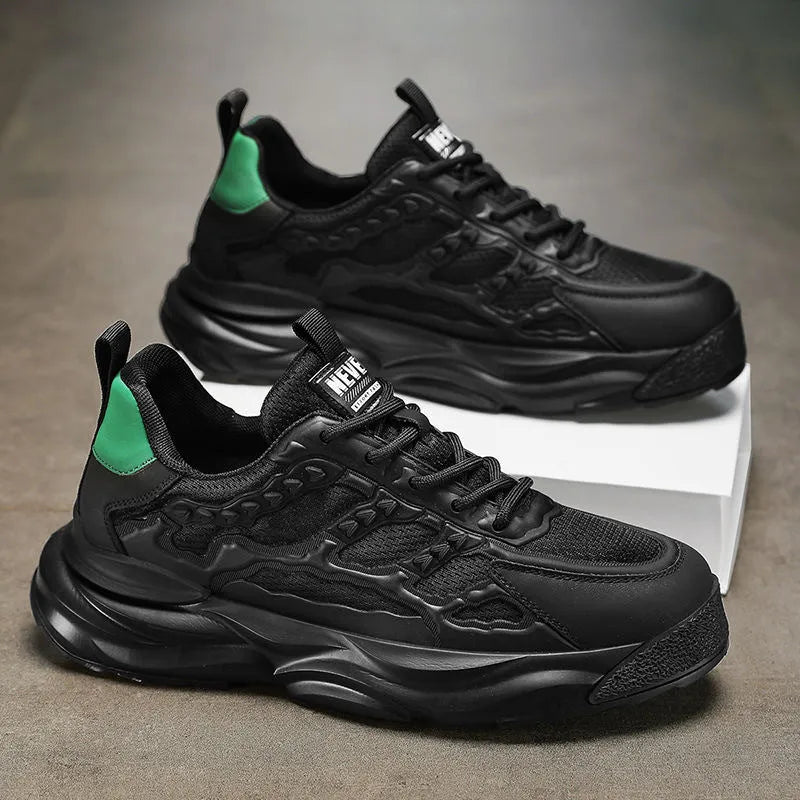 Men's white and black breathable mesh shoes with round toe design for leisure wear
