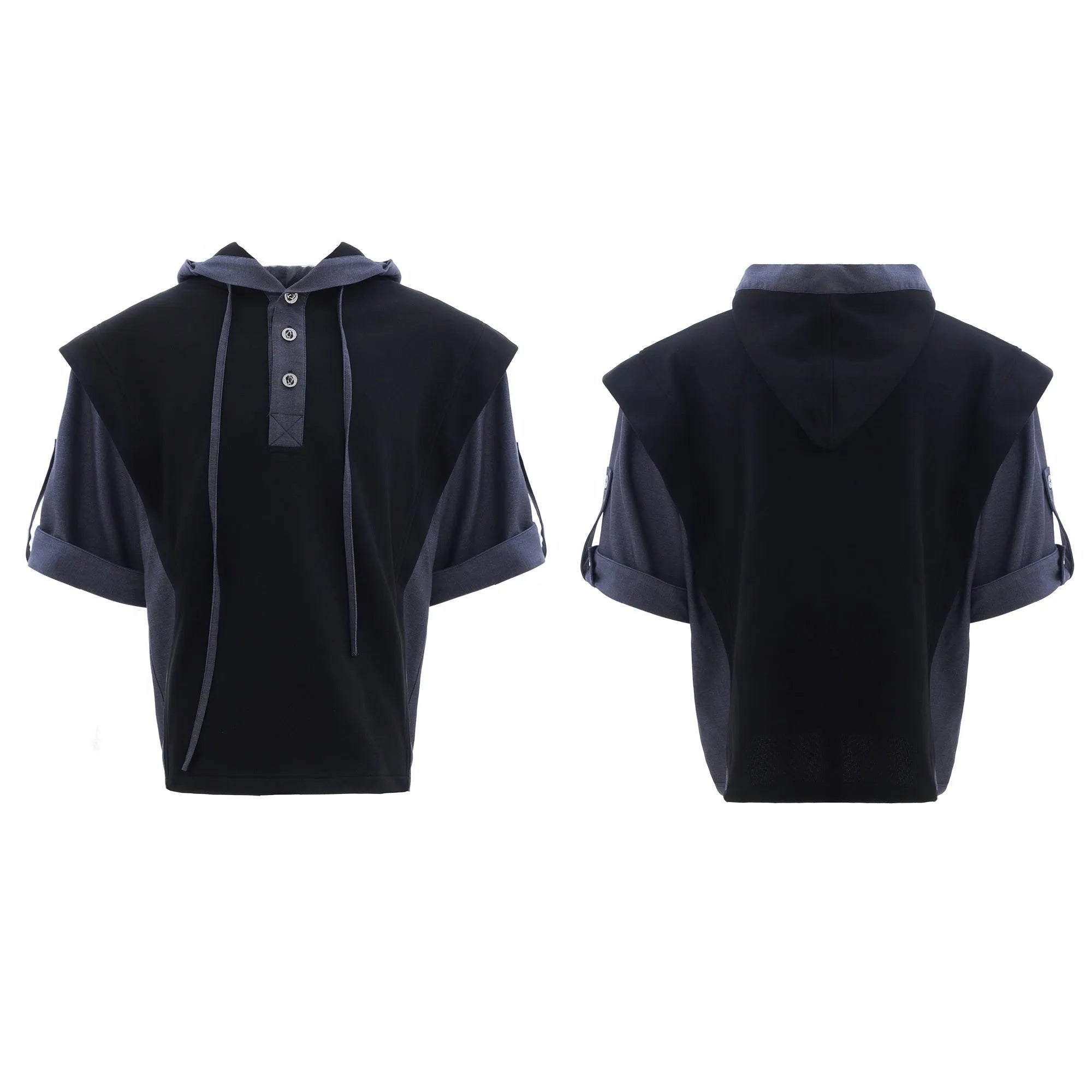Men's black polyester sports suit with hooded short sleeve jacket and matching trousers laid flat
