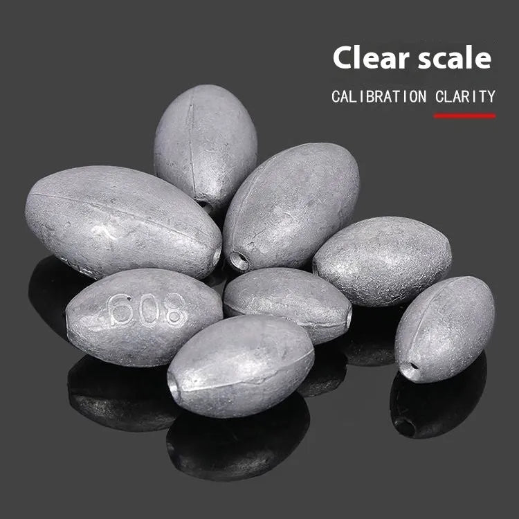 Sea fishing sinker with scale markings and plastic core olive lead in rugby shape